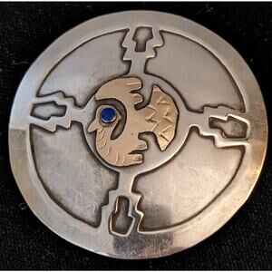 Vintage Peru 2" Round 925 Sterling 18K Gold Turquoise Inca Bird Brooch/Pendant